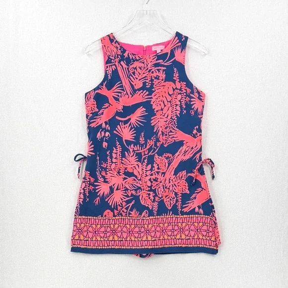 LILLY PULITZER Donna Romper Women 4 Indigo Night Caw Blue Pink Parrot Sleeveless - Picture 2 of 16